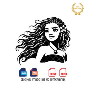 May include: Black and white silhouette of a woman with long, flowing hair and a flower behind her ear. She is wearing a necklace and a simple top.