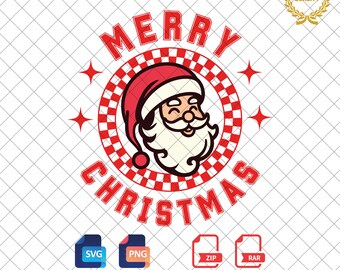 May include: Red and white checkered circle with the words "Merry Christmas" around the outside. Inside the circle is a cartoon image of Santa Claus with a white beard and a red hat.