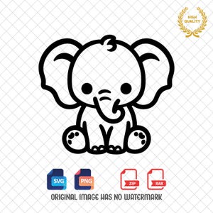 Peut inclure: Illustration en noir et blanc d'un éléphant de dessin animé assis avec sa trompe enroulée. L'éléphant a de grandes oreilles et de grands yeux.