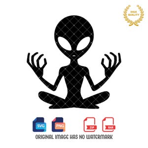 Puede incluir: Silueta negra de un extraterrestre meditando en una postura de yoga con las manos levantadas. El extraterrestre tiene una cabeza grande con ojos grandes y una boca pequeña.