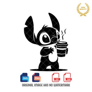 Stitch drinking Coffee Svg, Stitch Silhouette, Stitch Clipart, Stitch Png, Cute Stitch Svg, Svg and Png files, Digital Download