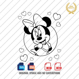 May include: Black and white line art of Minnie Mouse inside a circle, surrounded by hearts. The image includes file type icons for SVG, PNG, ZIP, and RAR. Text at the bottom reads "ORIGINAL IMAGE HAS NO WATERMARK."