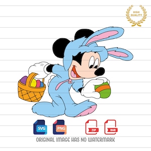 May include: A cartoon illustration of Mickey Mouse dressed in a blue bunny costume holding a colourful Easter egg. He is carrying a basket of Easter eggs. The image is on a white background with a lined pattern.