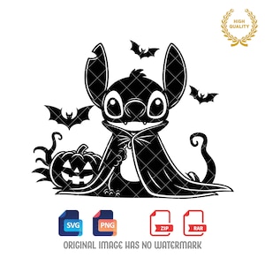 May include: A black and white Halloween graphic featuring a cartoon character in a vampire cape, a jack-o'-lantern, and bats. The image includes file type icons for SVG, PNG, ZIP, and RAR. Text at the bottom reads "ORIGINAL IMAGE HAS NO WATERMARK."