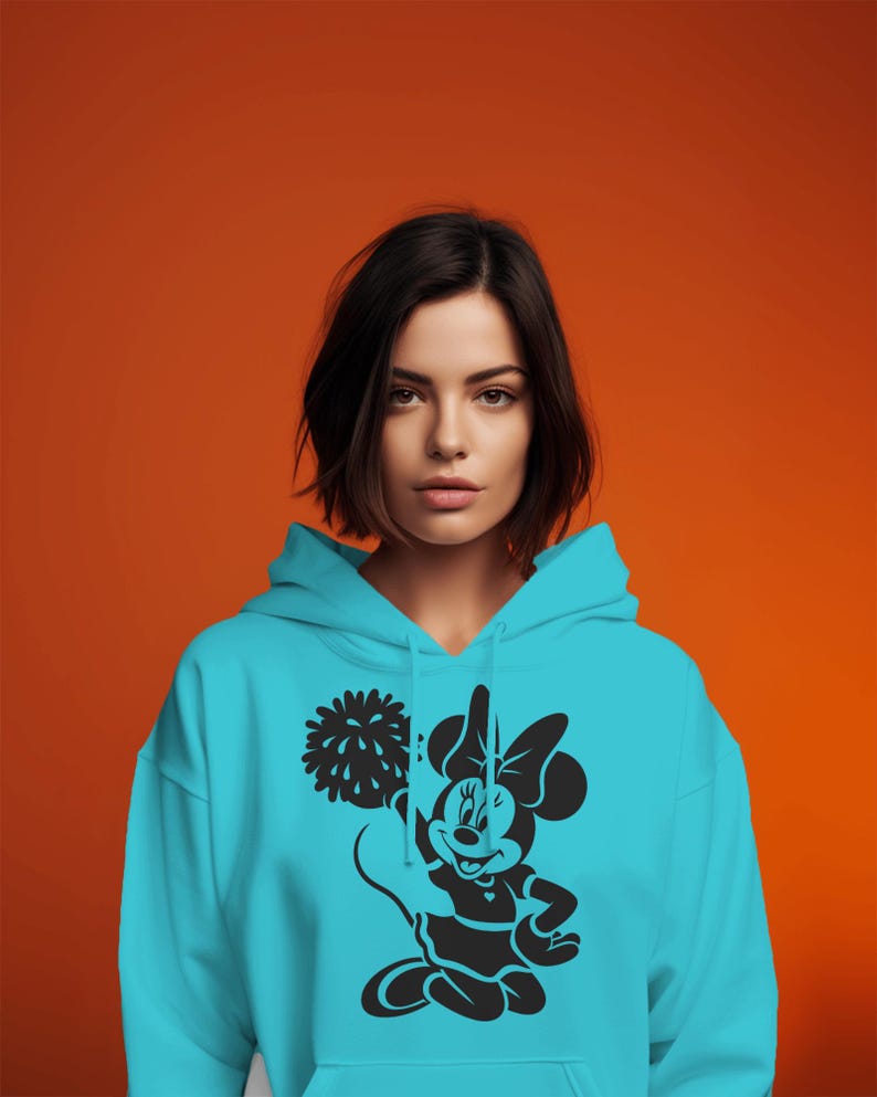 Minnie Mouse-themed cheerleading design featuring pom-poms and cheerleader silhouettes. Includes PNG and SVG files, perfect for crafting, t-shirts, and cheer mom-themed decorations. Ideal for fans of Minnie Mouse and cheerleading projects.