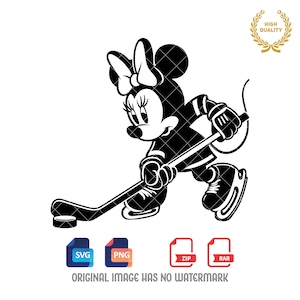 May include: Black and white silhouette of a cartoon mouse wearing a hockey uniform and holding a hockey stick. The mouse is skating on ice. The image is a digital download.