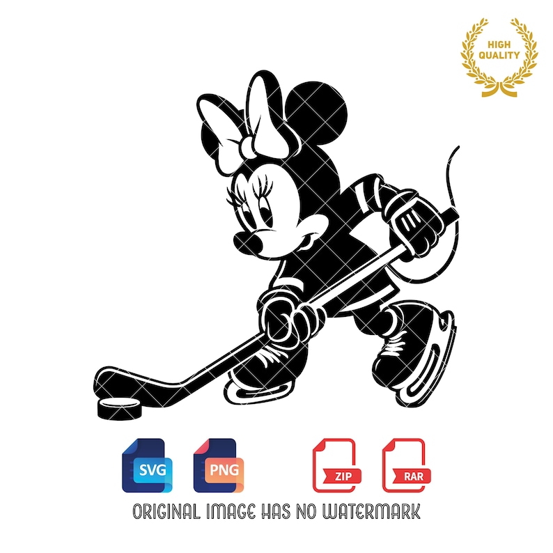 Minnie Mouse-themed ice hockey design featuring Minnie silhouettes and hockey clipart. Includes PNG and SVG files, perfect for crafting, t-shirts, and sports-themed decorations. Ideal for Disney fans creating fun, ice hockey-inspired projects.