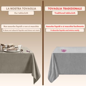 Puede incluir: Dos manteles uno al lado del otro, uno beige y otro gris. El mantel beige est&aacute; etiquetado como "La Nostra Tovaglia" y "Our tablecloth". El mantel gris est&aacute; etiquetado como "Tovaglia Tradizionale" y "Traditional tablecloth". El mantel beige tiene una peque&ntilde;a mancha roja, mientras que el mantel gris tiene una mancha roja m&aacute;s grande. El texto debajo de los manteles dice "Non assorbe liquidi e non si macchia" y "It does not absorb liquids and does not stain" para el mantel beige, y "Assorbe liquidi e si macchia facilmente" y "It absorbs liquids and stains easily" para el mantel gris.