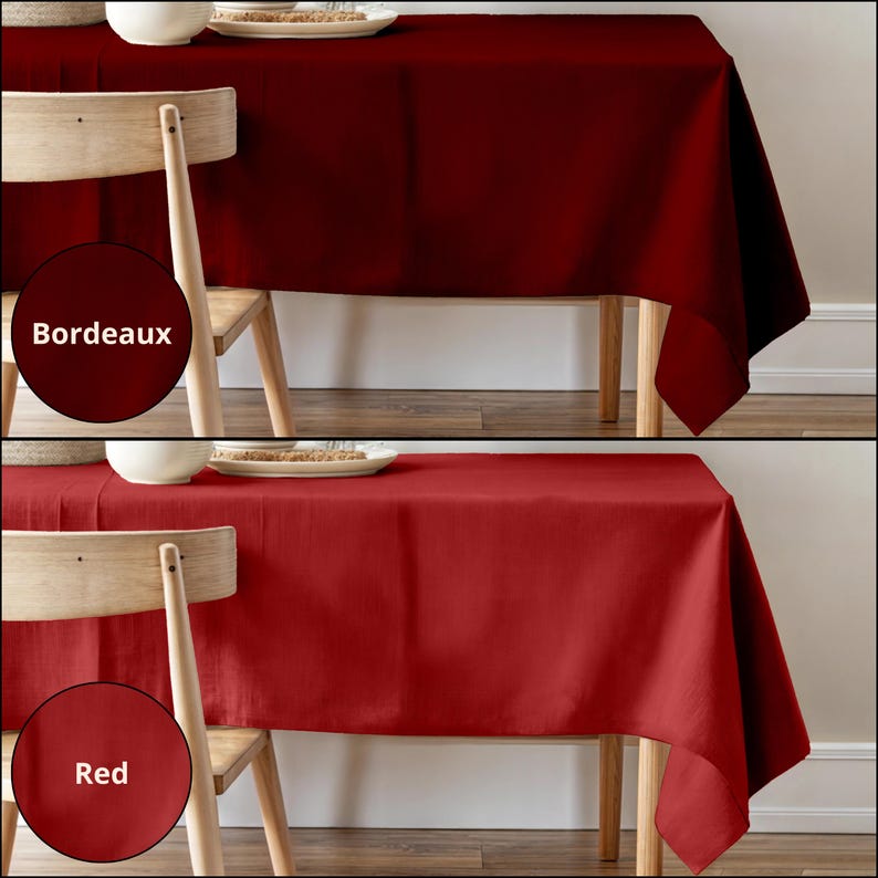 Puede incluir: Dos im&aacute;genes de un mantel rojo sobre una mesa de madera con una silla de madera. La imagen superior est&aacute; etiquetada como "Burdeos" y la imagen inferior est&aacute; etiquetada como "Rojo".
