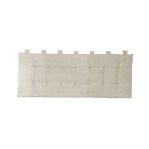 Könnte beinhalten: Ein rechteckiges, beigefarbenes, getuftetes Kopfteil mit sechs Stoffschlaufen oben zum Aufhängen. Das Kopfteil hat ein gestepptes Design mit gleichmäßig verteilten, quadratischen Büscheln. Die neutrale Farbe und das schlichte Design passen zu verschiedenen Schlafzimmerstilen.