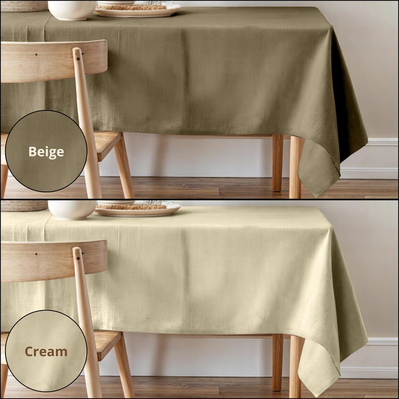 Puede incluir: Dos im&aacute;genes de un mantel rectangular, uno beige y otro crema, drapeado sobre una mesa de madera con una silla de madera. El mantel est&aacute; hecho de un material similar al lino. El texto "Beige" y "Crema" se muestra debajo de cada imagen.