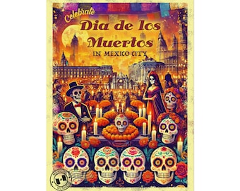 Cartel del Día de los Muertos Ciudad de México: Arte de viaje de estilo vintage