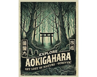 Póster de viaje "Mar de Árboles" de Aokigahara, Japón: Arte mural - Decoración - Impresión enrollada estilo vintage