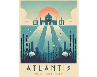 Póster de viaje vintage de Atlantis "La Ciudad Perdida": Arte mural - Decoración - Impresión enrollada