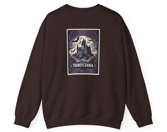 Sudadera unisex de cuello redondo acogedora con temática de vampiros de Transilvania, póster de viaje vintage de Halloween espeluznante, estilo retro