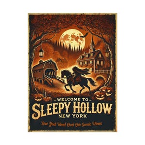 Póster de viaje de Halloween del Jinete Decapitado Embrujado: Arte mural espeluznante - Decoración para Halloween - Impresión enrollada estilo vintage