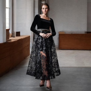 Velvet dress | EMBROIDERY MESH long dress | Long sleeve floor-length gown | Perfect for Holiday Parties, Winter Weddings & Special Occasions
