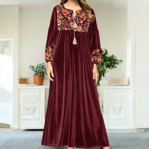 Velvet dress | Burgundy long dress | Long sleeve floor-length gown | Perfect for Holiday Parties, Winter Weddings & Special Occasions