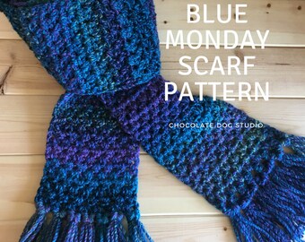 Crochet scarf pattern, Blue Monday, Winter scarf blue ombre neckwarmer