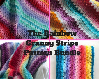 Rainbow Granny Stripe Pattern set, Crochet blanket and Scarf patterns, crochet baby blanket pattern