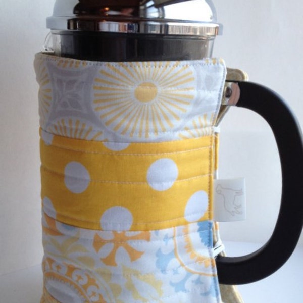 French Press Coffee press cozy, quilted fabric  yellow blue