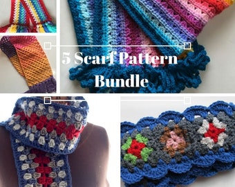 Scarf Pattern set of 5, 5 scarf pattern bundle, Bright colorful patterns to crochet, beginning crochet patterns