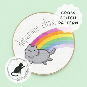 Dopamine Chaser ADHD Cat and Rainbow Cross Stitch Pattern (instantly downloadable PDF)