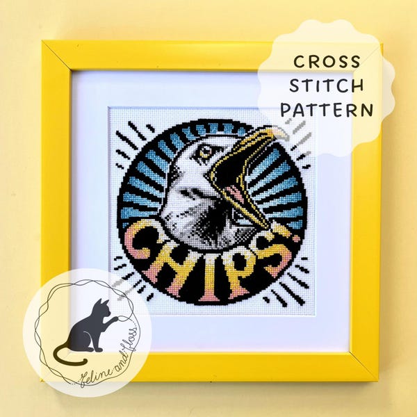 Wzór haftu krzyżykowego „Chipsy!” Mewa (do natychmiastowego pobrania w formacie PDF)