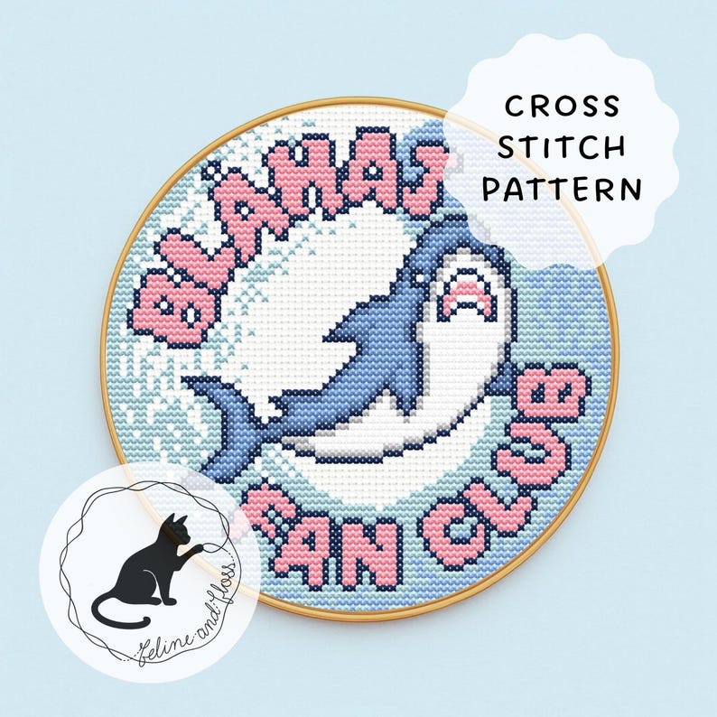 Blåhaj Fan Club cross stitch pattern featuring a blue shark in the center of a circular design. Pink lettering spelling ‘Blåhaj Fan Club’ wraps around the edge with a background that represents a wave.