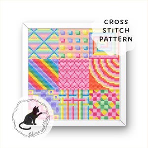 May include: A framed cross-stitch pattern with a patchwork design in various colours, including pink, yellow, green, and blue. The text "CROSS STITCH PATTERN" is visible. A black cat logo is in the lower left corner.