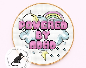 Powered by ADHD Cross Stitch Pattern, Neurodiversity (instantly downloadable PDF pattern)
