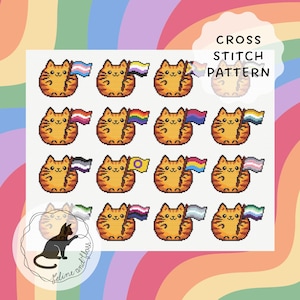 May include: A cross stitch pattern featuring sixteen pixel art orange tabby cats, each holding a different pride flag. The text CROSS STITCH PATTERN is visible in the top right corner, and a circular logo with a black cat silhouette is in the bottom left.