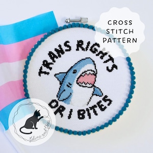 Trans Rights Or I Bites-kruissteekpatroon, blauwe haai, Blahaj Trans Pride (direct downloadbare pdf)