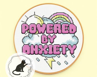 Powered By Anxiety Cross Stitch Pattern, Neurodiversity (instantly downloadable PDF pattern)