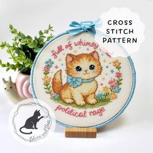 Full Of Whimsy And Political Rage Cross Stitch Pattern (instantly downloadable PDF), Vintage Cat Cross Stitch Pattern