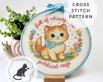 Full Of Whimsy And Political Rage Cross Stitch Pattern (instantly downloadable PDF), Vintage Cat Cross Stitch Pattern