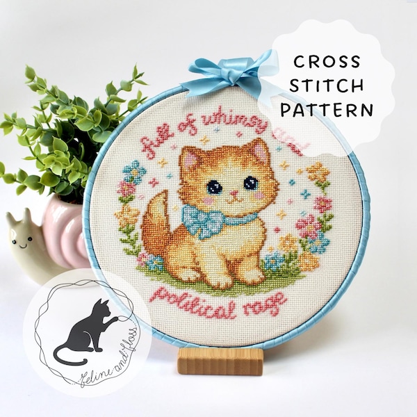 Full Of Whimsy And Political Rage Cross Stitch Pattern (instantly downloadable PDF), Vintage Cat Cross Stitch Pattern