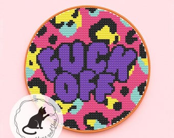 Padrão de ponto cruz: Estampa de leopardo "F*ck Off Sweary" (PDF para download instantâneo)