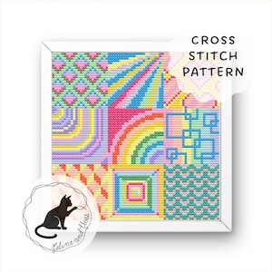 May include: A framed cross-stitch pattern with a colorful geometric design. The design features squares with rainbows, diamonds, and other shapes in shades of pink, blue, yellow, and green. The text "CROSS STITCH PATTERN" is visible.