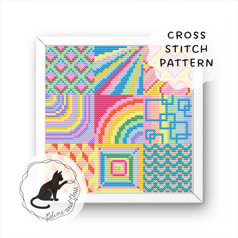A cross stitch design with brightly coloured geometric patterns arranged in squares. The feline and floss logo is in the bottom left corner.