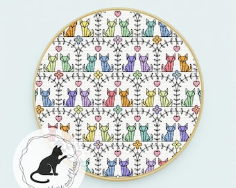 Rainbow Cats Cross Stitch Pattern, Blackwork Backstitch (instantly downloadable PDF)