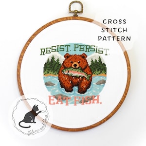 Resist, Persist, Eat Fish Cross Stitch Pattern (instantly downloadable PDF), Fat Bear Cross Stitch Pattern