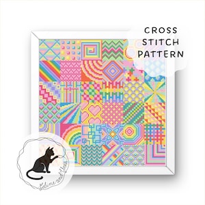 May include: A framed cross-stitch pattern featuring a patchwork design with various geometric shapes, hearts, and rainbows in vibrant colors. The text "CROSS STITCH PATTERN" is displayed. A black cat logo is in the lower left corner.