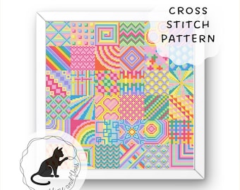 Puede incluir: Un patrón de punto de cruz enmarcado con un diseño de patchwork con varias formas geométricas, corazones y arcoíris en colores vibrantes. Se muestra el texto "CROSS STITCH PATTERN". Un logotipo de gato negro está en la esquina inferior izquierda.