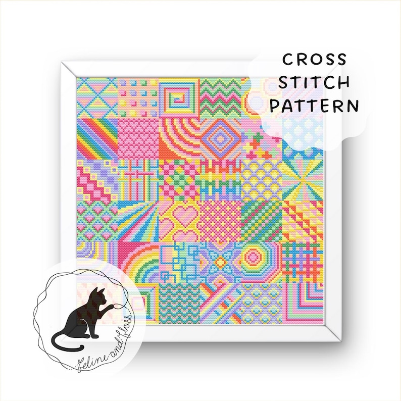 a cross stitch design with brightly coloured geometric patterns arranged in squares. A banner across the design states ‘tiny patchworks sets 1 2 3 and 4 together in one large piece. a feline and floss logo is in the bottom left corner.