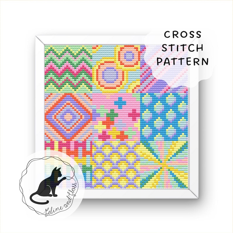 A cross stitch design with brightly coloured geometric patterns arranged in squares. The feline and floss logo is in the bottom left corner.