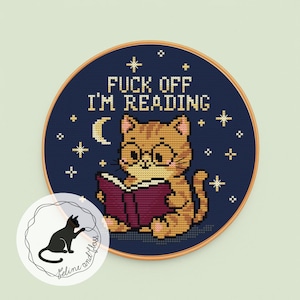 A cross stitch pattern of a cute ginger cat reading a book, with the wording ‘Fuck off I’m reading!’