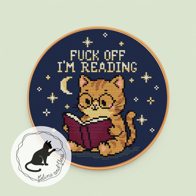 A cross stitch pattern of a cute ginger cat reading a book, with the wording ‘Fuck off I’m reading!’