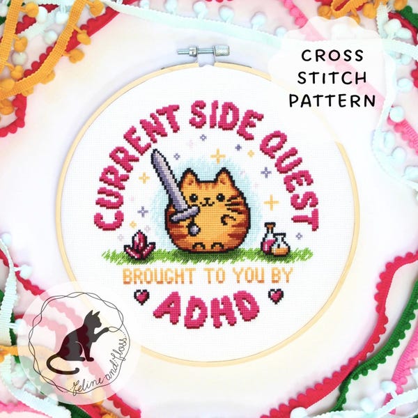 ADHD Side Quest Cat Cross Stitch Pattern (instantly downloadable PDF)