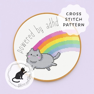 Padrão de Ponto Cruz Gato Arco-Íris com TDAH (PDF para download instantâneo), Ponto Cruz Neurodiversidade